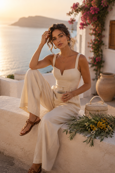 Woman in a white jumpsuit sitting on a wall with a sea view at golden hour