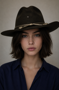 Woman with short dark hair and blue eyes wearing a cowboy hat and dark shirt