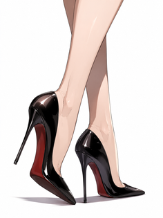 Illustration of slim legs in black high heels with red soles