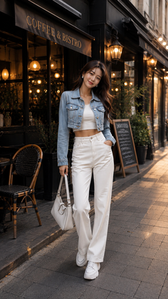 Woman in a denim jacket and white outfit standing outside a coffee shop