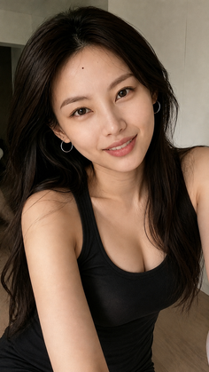 Woman with long black hair wearing a black tank top and hoop earrings