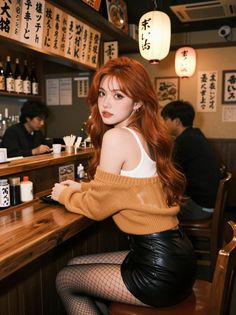 Woman with long red hair in a leather skirt and fishnet stockings at a Japanese restaurant