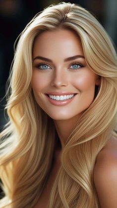 Blonde woman with blue eyes smiling with soft lighting