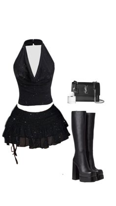 Black halter top and mini skirt with platform boots and accessories