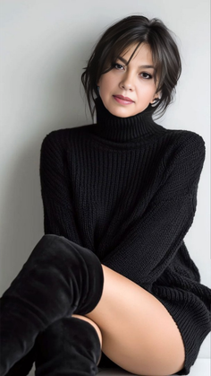 Woman in a black turtleneck sweater and thigh high boots with exposed skin