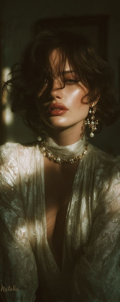 Woman with short hair and pearl jewelry in a lace dress with dramatic lighting