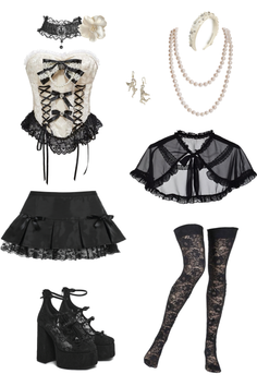 A collection of gothic-style clothing and accessories on a white background