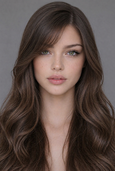 Woman with long brown hair, green eyes, and freckles looking directly at the viewer