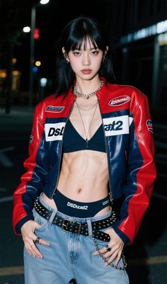 Woman in a racing jacket, bra, and jeans with exposed midriff at night