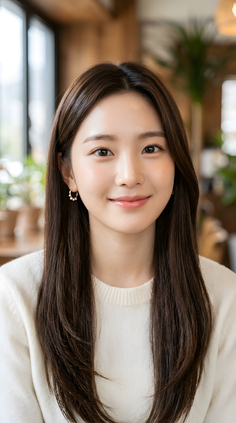 Woman with long dark hair wearing a white sweater and earrings, smiling indoors
