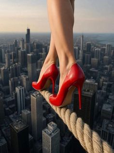 Person in red high heels walking on a rope above a cityscape