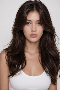 Woman with long dark brown hair wearing a white tank top in a studio portrait