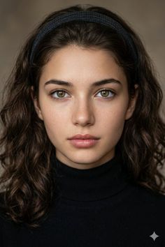 Woman with long wavy hair and green eyes wearing a black turtleneck and headband