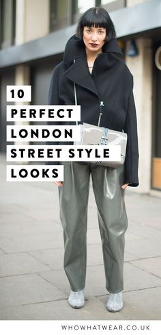 Woman with a black bob and dark lipstick wearing a black coat and shiny pants