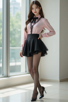 Woman in a pink blouse and black skirt standing by a window