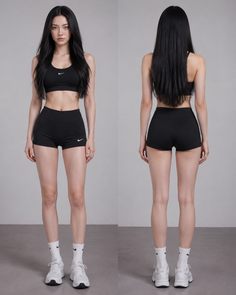 Woman in a black sports bra and shorts, front and back view