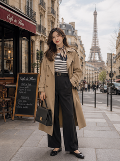 Woman in a trench coat and striped shirt on a street with the Eiffel Tower in the background