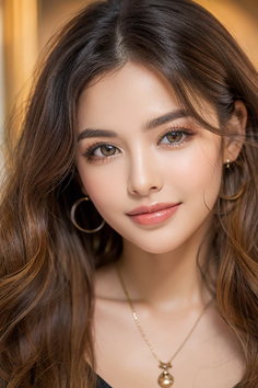 Woman with long brown hair and hoop earrings looking at the viewer