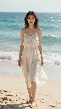 Woman in a white dress walking barefoot on a sandy beach with the ocean in the background