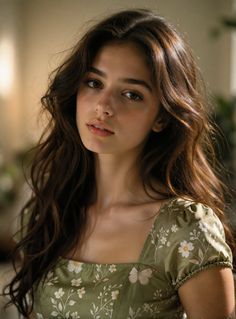 Woman with long wavy hair in a green floral dress with a butterfly print