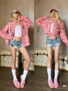 Woman with blonde hair in a plaid shirt and denim skirt posing indoors