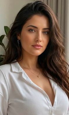 Woman with long brown hair wearing a white shirt and jewelry