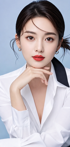 Woman in a white shirt with red lipstick and dark hair against a blue background