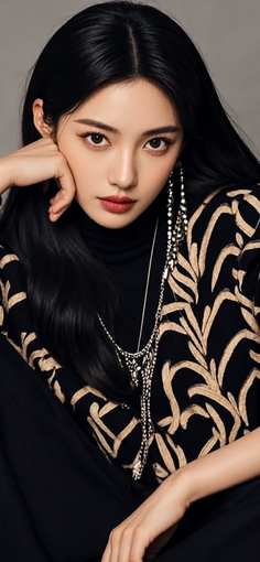 Woman with long black hair wearing a turtleneck and patterned top with long earrings