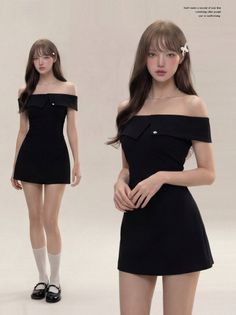 Woman in a black off-shoulder dress with long hair and a pearl necklace