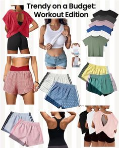 Collection of trendy workout clothes including shorts, t-shirts, and tank tops