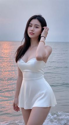 Woman in a white dress on a beach at sunset with golden hour lighting