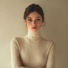 Woman in a cream turtleneck with her arms crossed, looking directly at the viewer