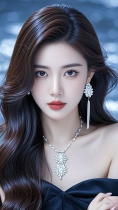 Woman with long dark hair wearing a strapless top and sparkling jewelry