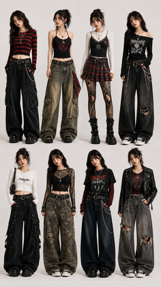 Eight women showcasing various gothic and alternative fashion styles