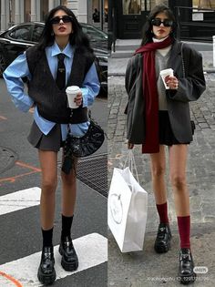Two women in stylish outfits on a city street, holding coffee cups and a shopping bag