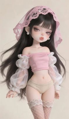3D render of a doll-like figure in a pink crop top and fishnet stockings