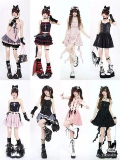 Multiple women in various gothic-inspired outfits with cat ear headbands