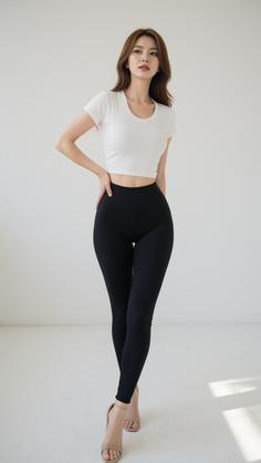 Woman in a white crop top and black leggings posing indoors