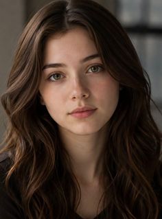 Young woman with long brown hair and green eyes looking directly at the viewer