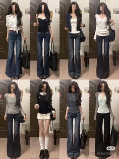 Multiple women in various casual outfits featuring bell bottom jeans
