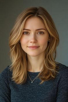 Woman with blonde hair and brown eyes wearing a simple necklace and earrings