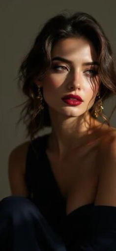 Woman with dark hair and red lipstick in dramatic lighting