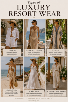 Six women modeling different types of luxury resort wear in outdoor settings