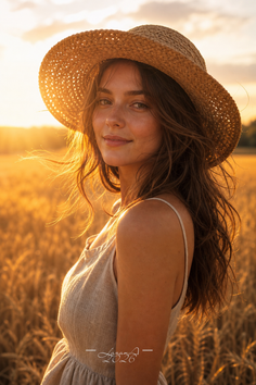 Woman in a straw hat in a wheat field at golden hour