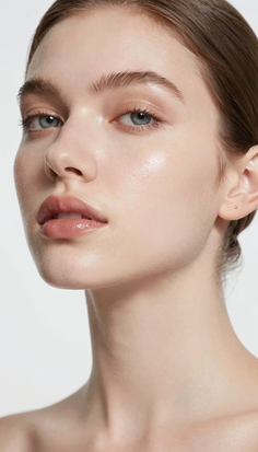 Close up portrait of a woman with blue eyes and glowing skin