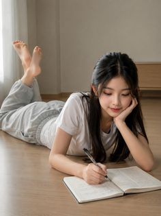 Young woman in a white t-shirt and sweatpants lying on the floor writing in a notebook