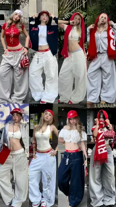Multiple women in crop tops and baggy pants with red accessories in an urban setting