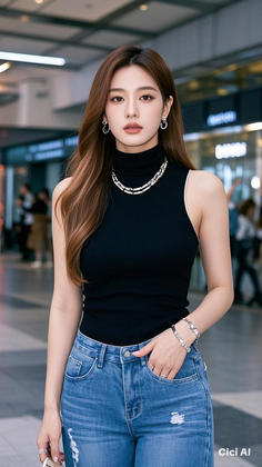 Woman with long brown hair wearing a black turtleneck and blue jeans indoors