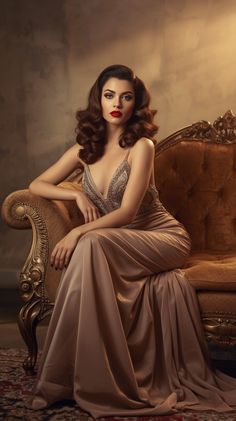 Woman in an elegant evening dress with red lipstick sitting on a golden sofa