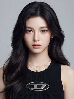 Woman with long black hair wearing a black top and jewelry